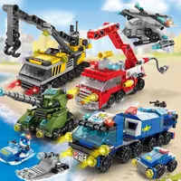 Ensemble de blocs de construction 6 en 1 pour enfants, voiture de pompiers de ville, camion de police, grue d'ingénierie, hélicoptère, briques précieuses, jouets pour enfants 1